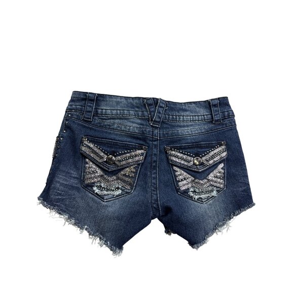 Body Central Distressed Denim Shorts Rhinestone Studs Cutout Raw Hem Size 3/4 - Picture 4 of 6